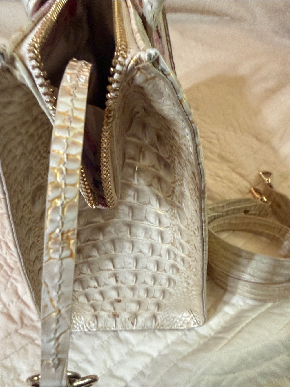Brahmin Ivory Croc-Embossed Satchel with Multicolor Watercolor Accent - Picture 4 of 8
